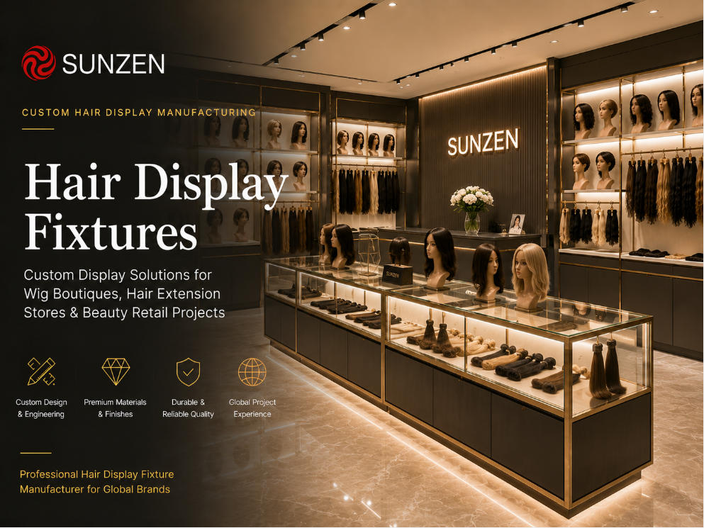Custom hair display fixtures and wig display showcases manufactured by SUNZEN for professional hair retail stores